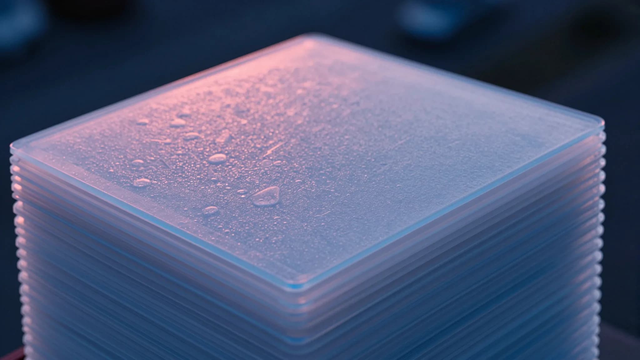 Aerial down view of translucent layered stack, every layer visible from above