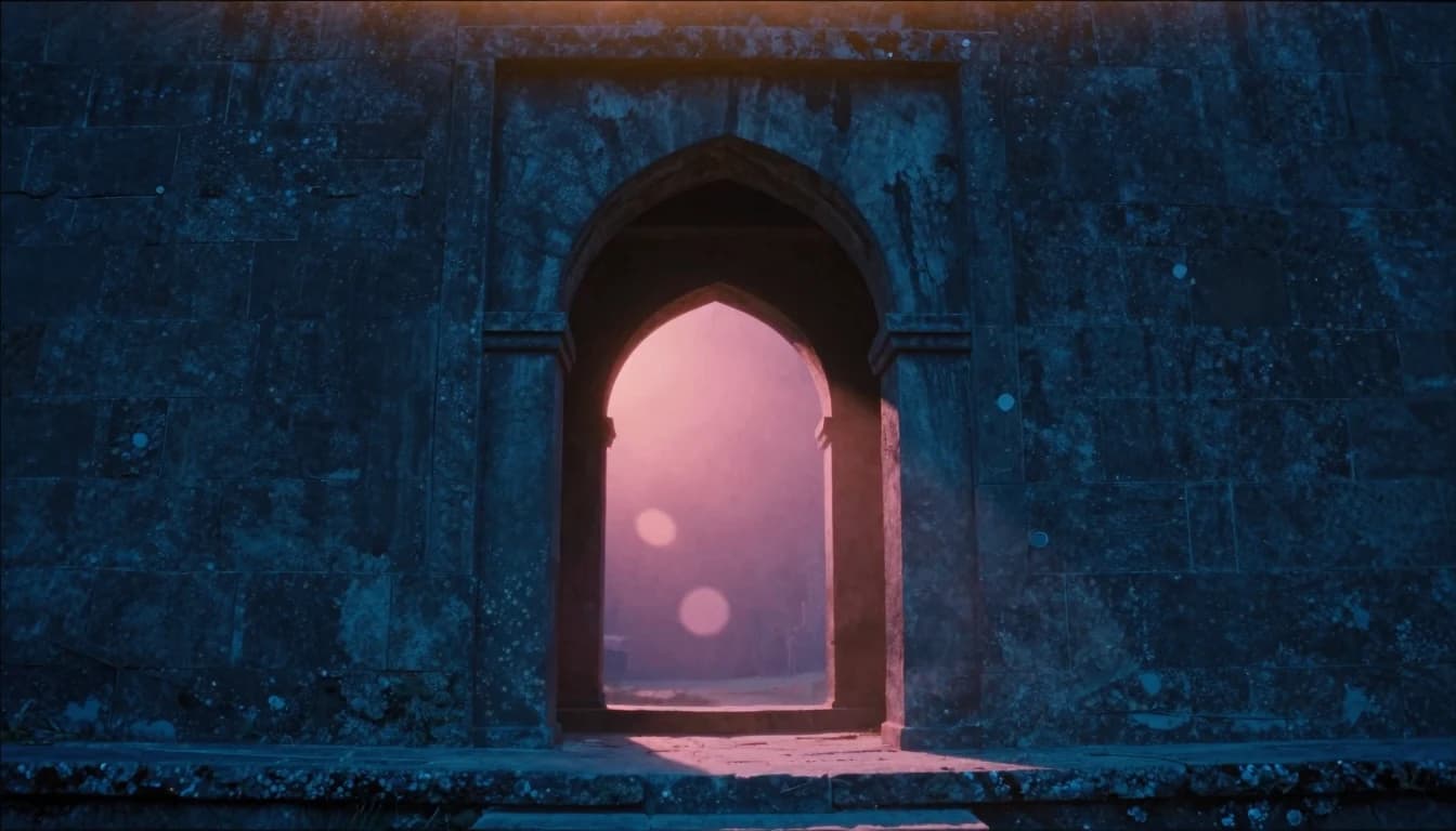 Deep architectural alcove arching into shadow, axis-aligned symmetry with magenta light at the threshold