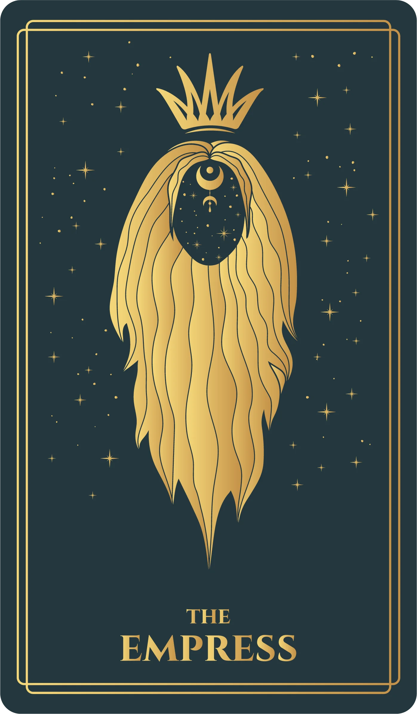 The Empress tarot card, gold-leaf illustration on forest green from a licensed independent-artist deck