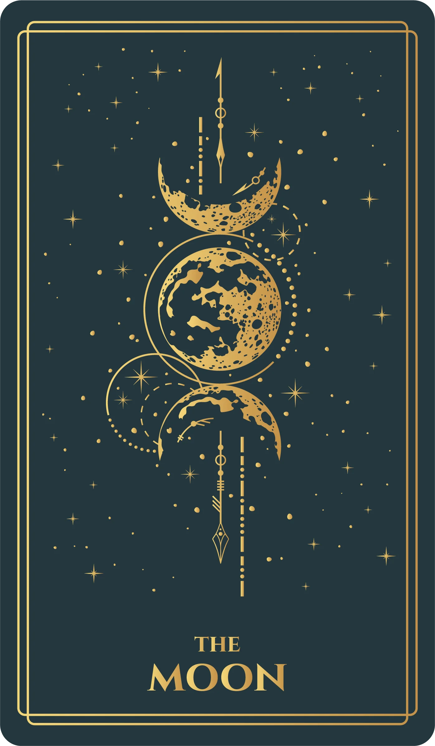 The Moon tarot card, gold-leaf illustration on forest green from a licensed independent-artist deck