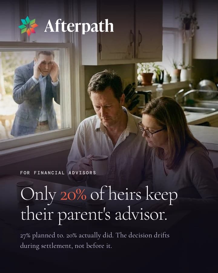 Carousel cover: Only 20% of heirs keep their parent's advisor. Family at a kitchen table reviewing documents.
