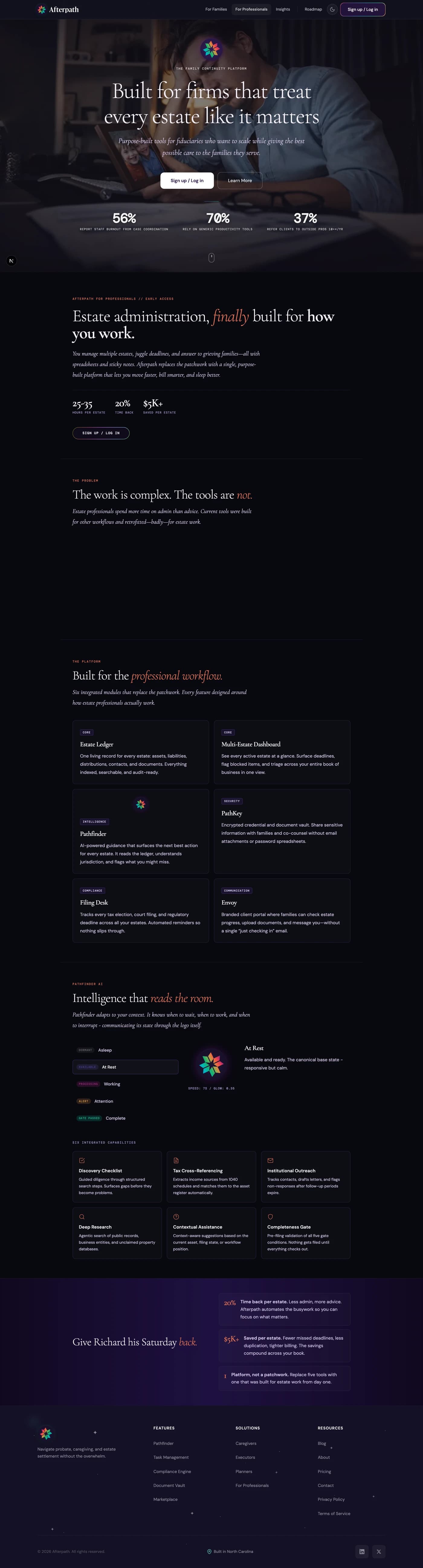 Afterpath professional landing page, full page. Cinematic photographic hero reading Built for firms that treat every estate like it matters, burnout and productivity stat band, module grid for the professional toolset, and an intelligence section with the brand mark.