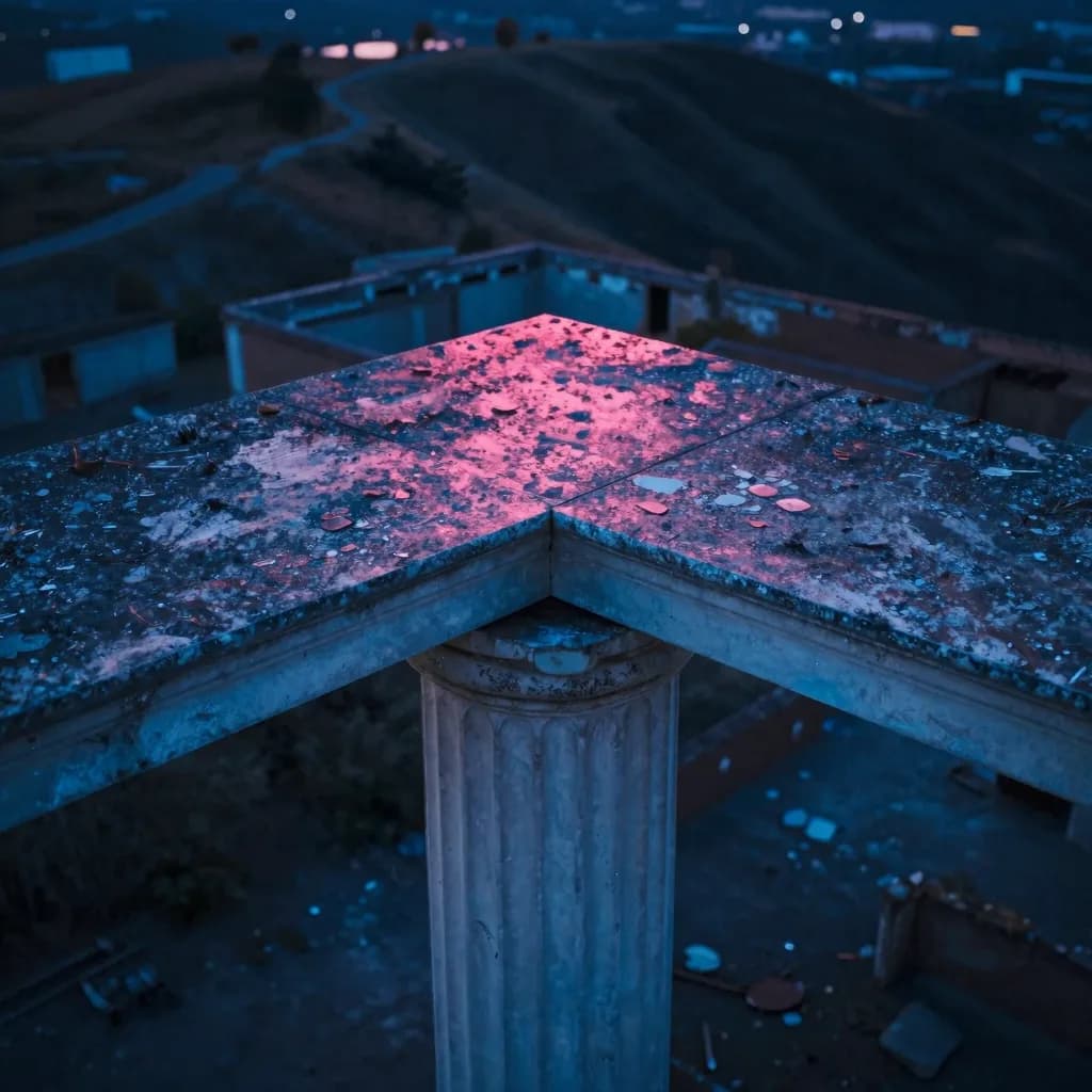 Single jagged glass fragment isolated on a dark studio backdrop, broken edge under cold electric-blue rim, hot-pink dispersion bleeding through the inner face.