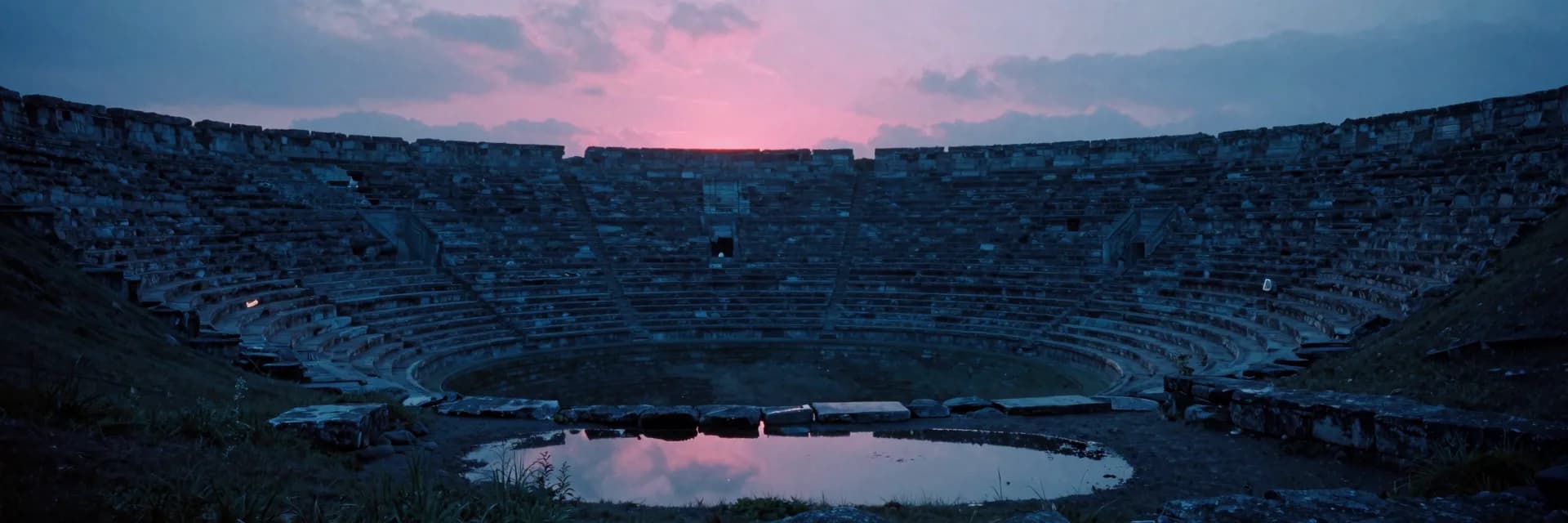 A single colossal ancient circular stone amphitheater mirrored on a shallow rain pool collected in the stone bowl, windswept upland at dusk behind it.
