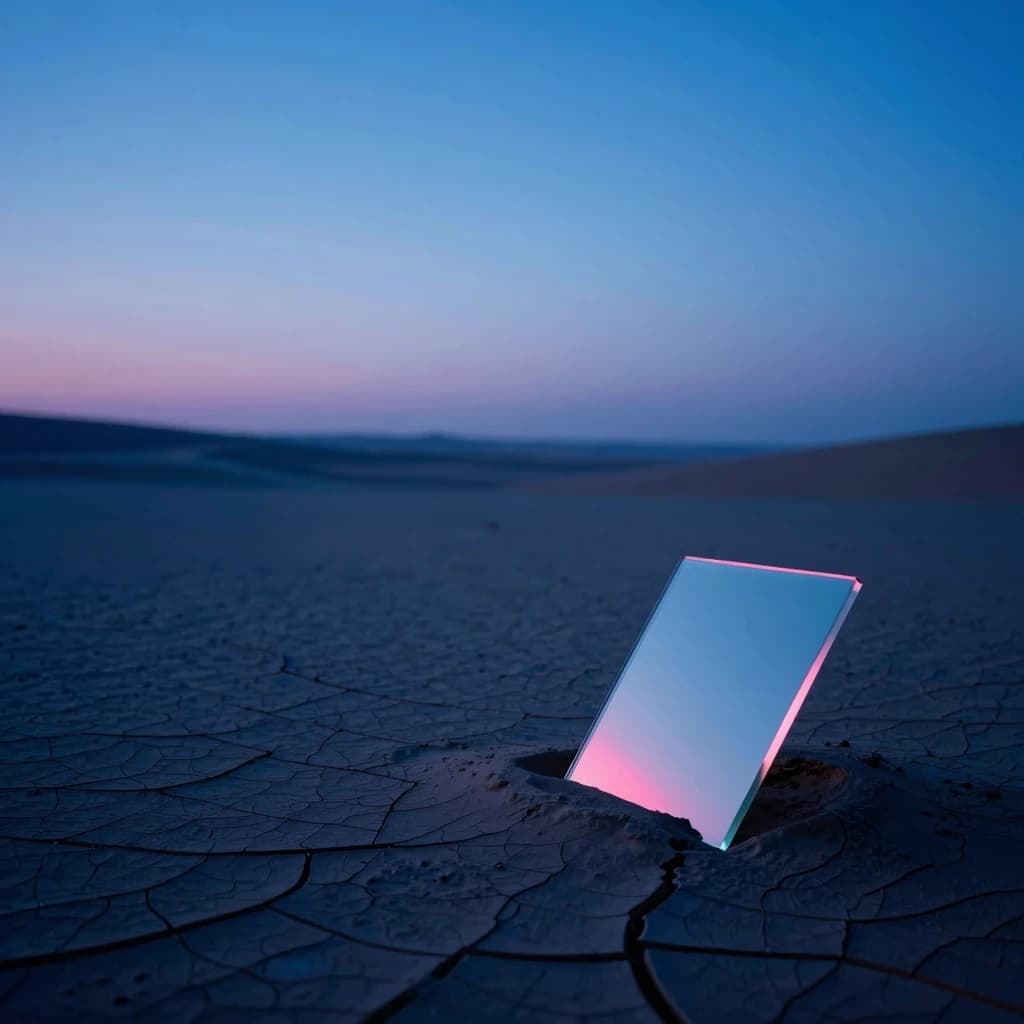 An empty cracked desert basin at dawn, a single iridescent translucent glass slab catching first light in the lower-right corner of the frame.
