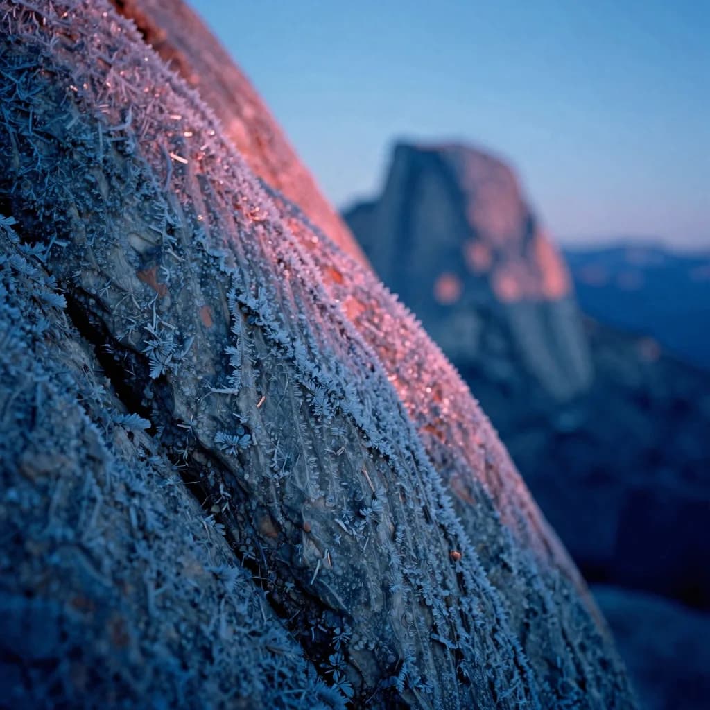 A tight macro close-up of the dolomite face, fine vertical fluting, frost crystals catching the dawn.