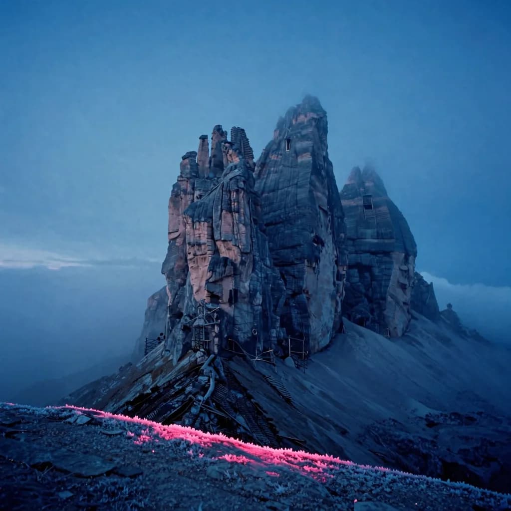 Looking straight up the full height of a single broad-shouldered dolomite mountain peak from its base in a sea of low valley fog at first dawn light, the form towering into the sky.