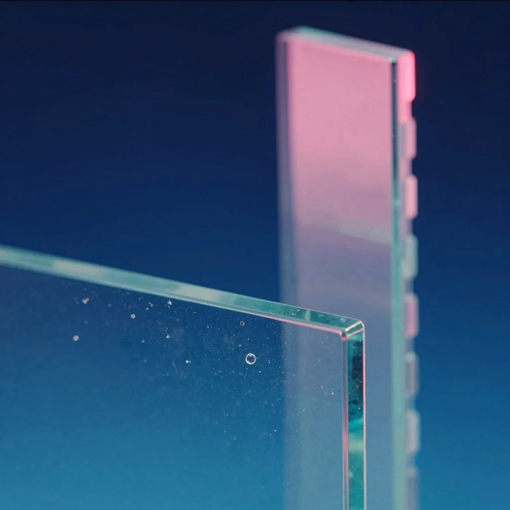 A tight macro close-up of the iridescent glass edges, micro-bubbles, hairline imperfections, a thin-film rainbow sheen between layers.