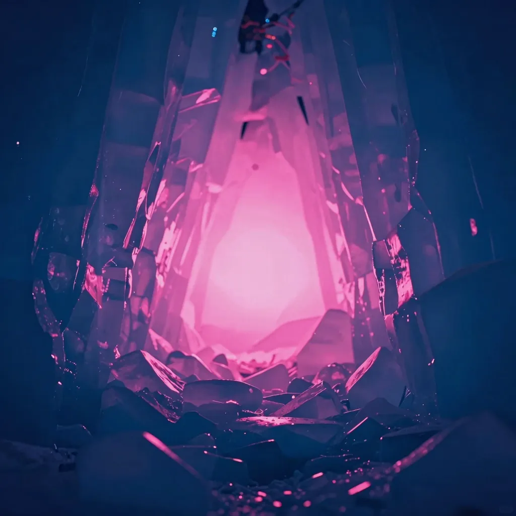 Centered on the single bright pinkish light source at the heart of the icy cave, surrounding ice formations dimly visible glowing with reflected light.