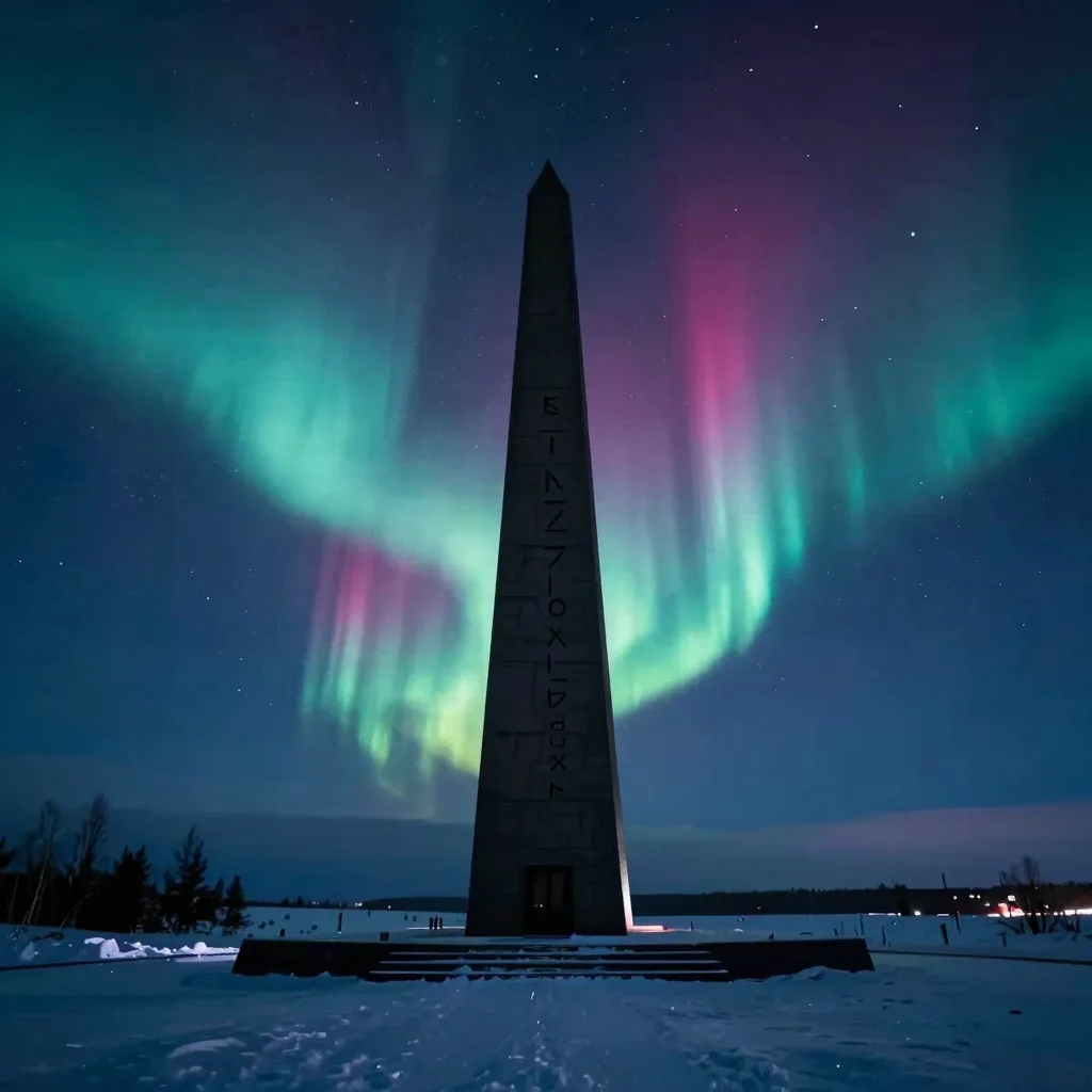Vertical-emphasis view of a black monument rising dramatically against a wide aurora curtain