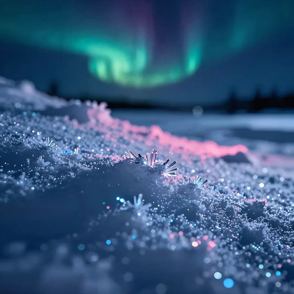 Close-up macro of snow surface crystals catching faint aurora glow