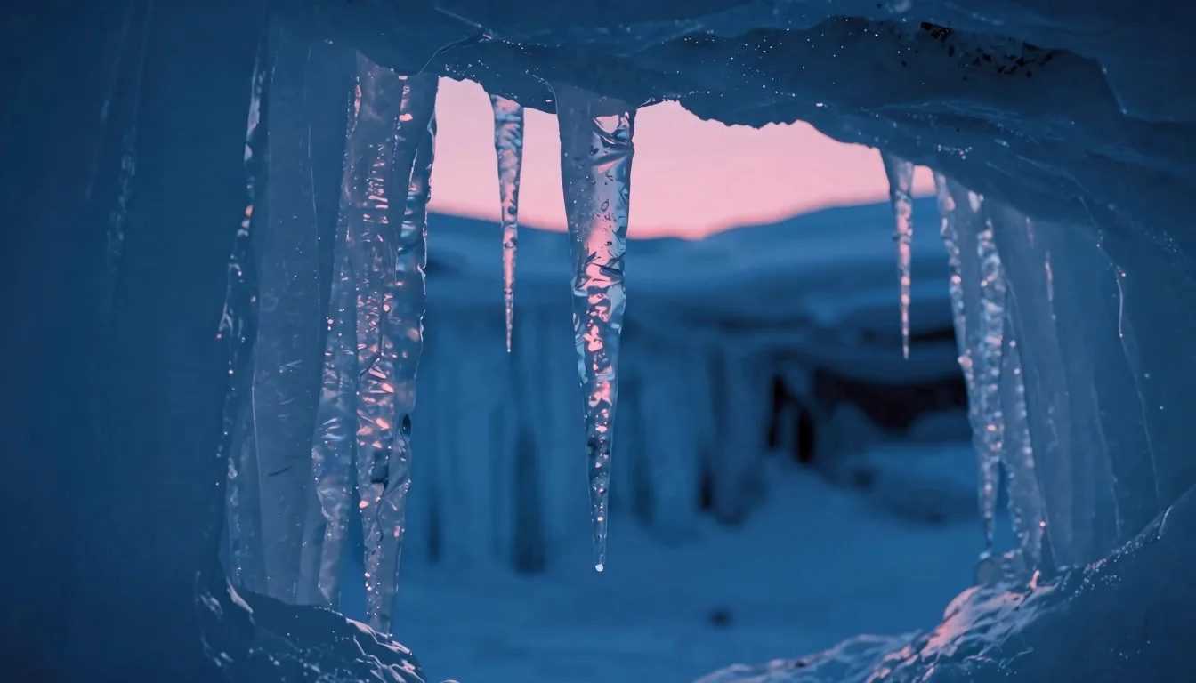 Landscape framing a single tall icicle dominant in the vertical composition of a dim cave.