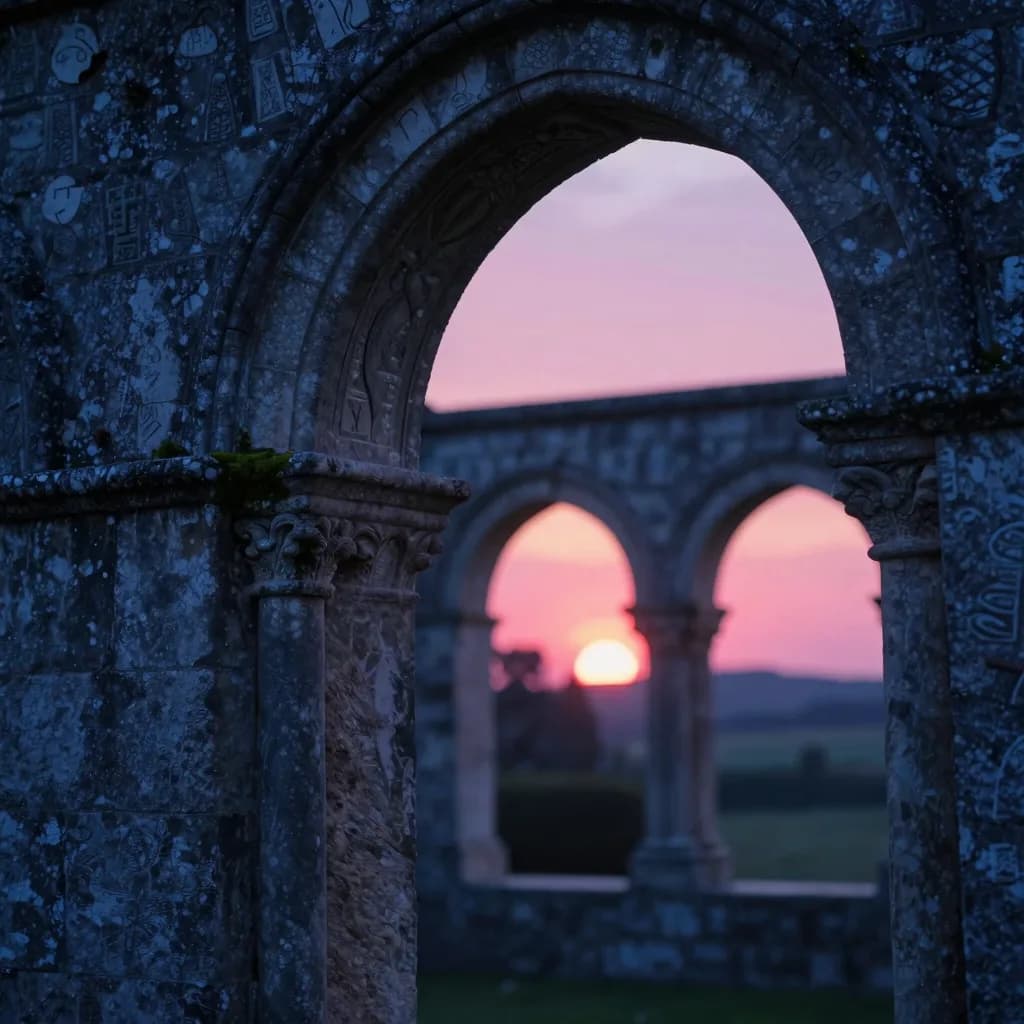 Close-up of a single weathered stone cloister arch at sunset, intricate keystone detail and stone joinery visible, dramatic backlit composition.