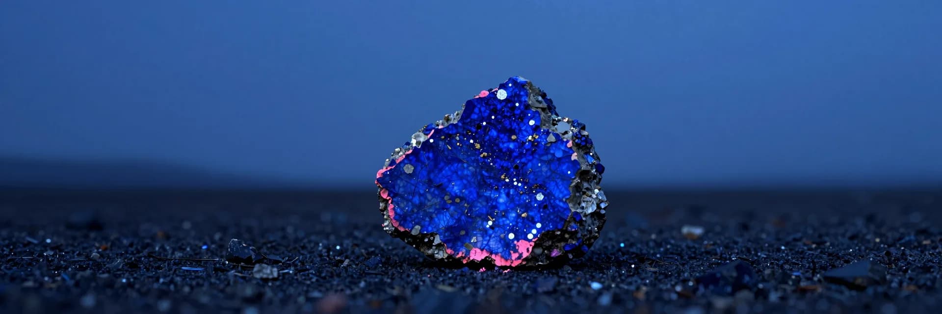ultra-wide strip of mineral stone form against electric-blue sky with hot-pink rim light - companion image for the accessible color palette without beige essay