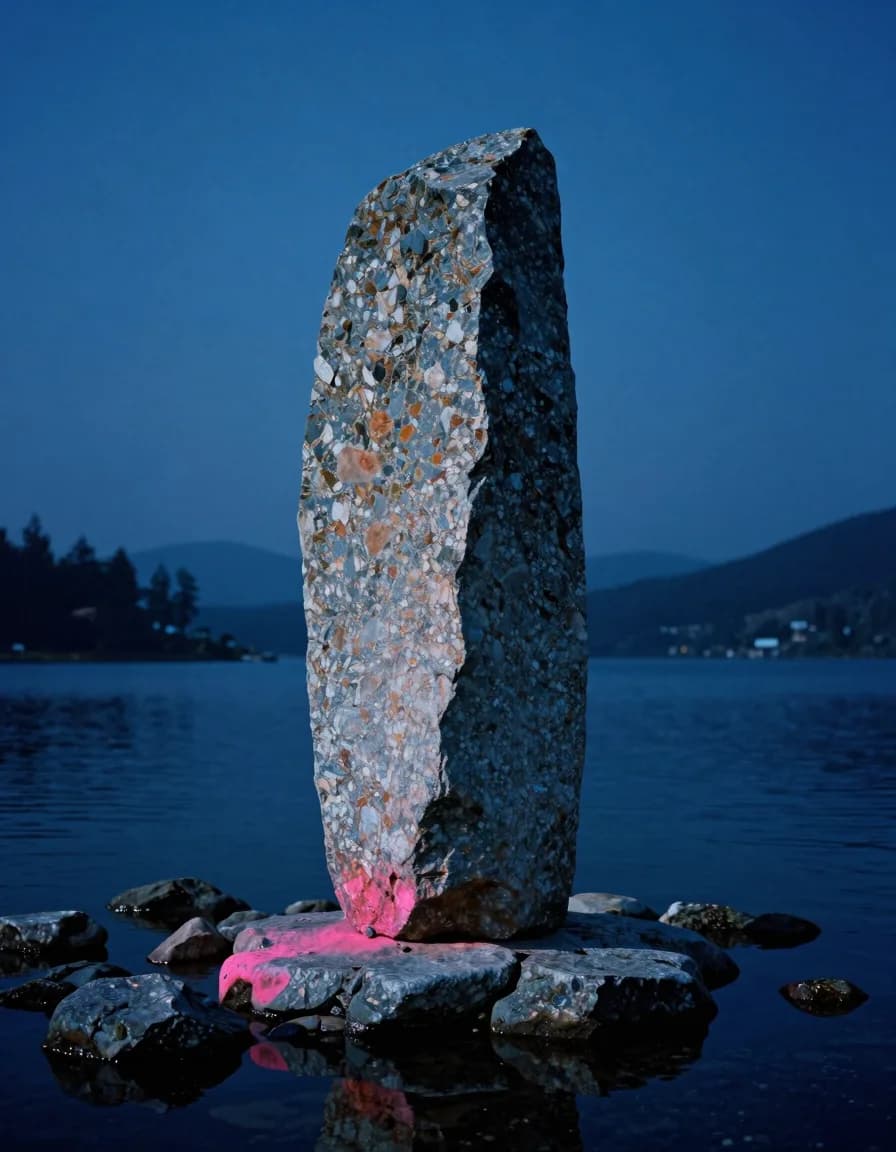 A single monumental granite monolith standing alone filling a tall vertical frame on the shore of a glass-still alpine tarn.