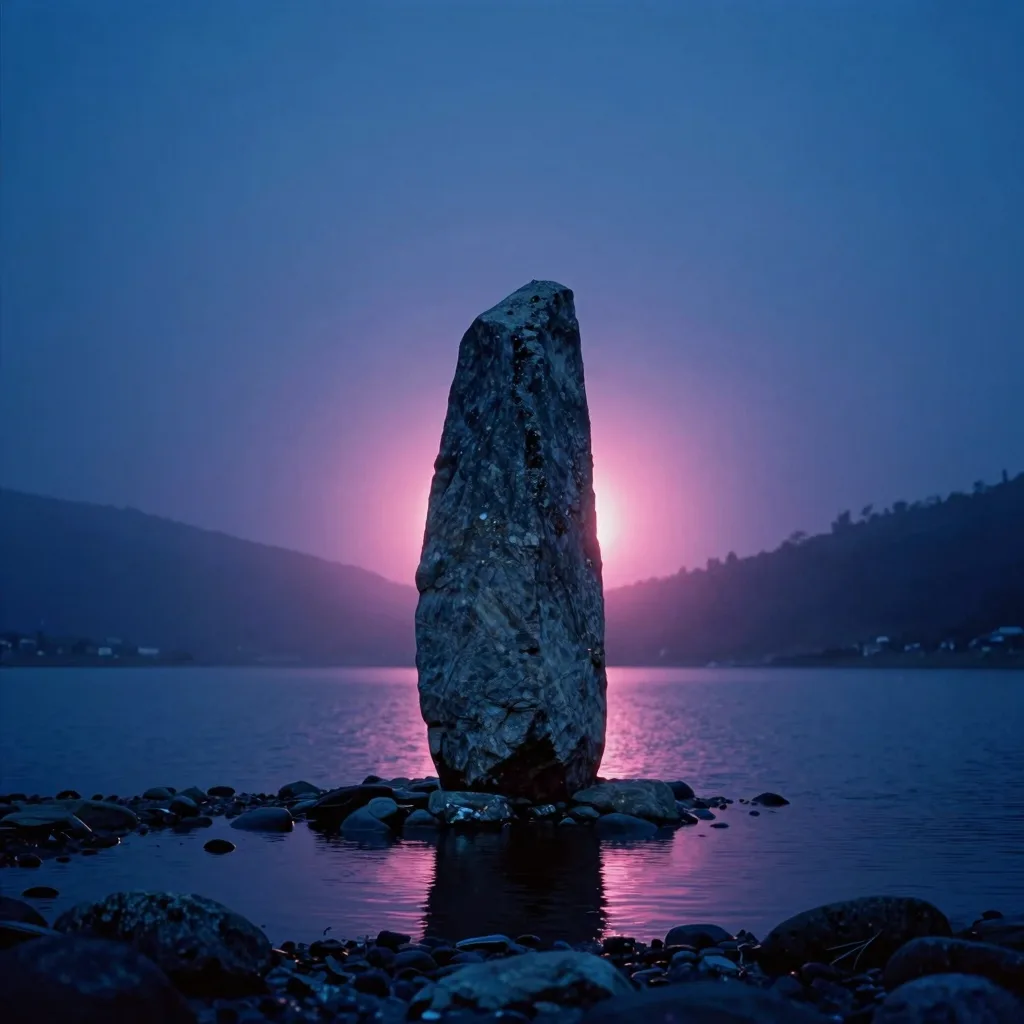 A single monumental granite monolith standing alone as a near-silhouette backlit by the twin light sources on the shore of a glass-still alpine tarn.