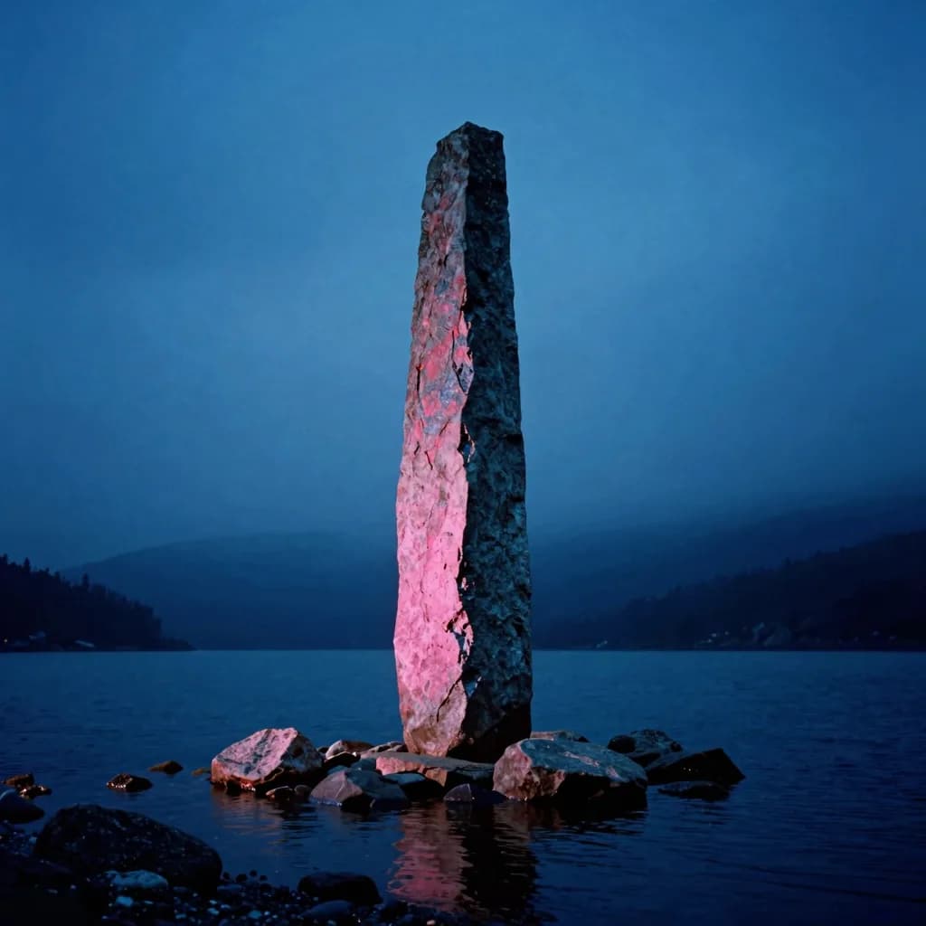 Looking straight up the full height of a single monumental granite monolith standing alone from its base on the shore of a glass-still alpine tarn, the form towering into the sky.