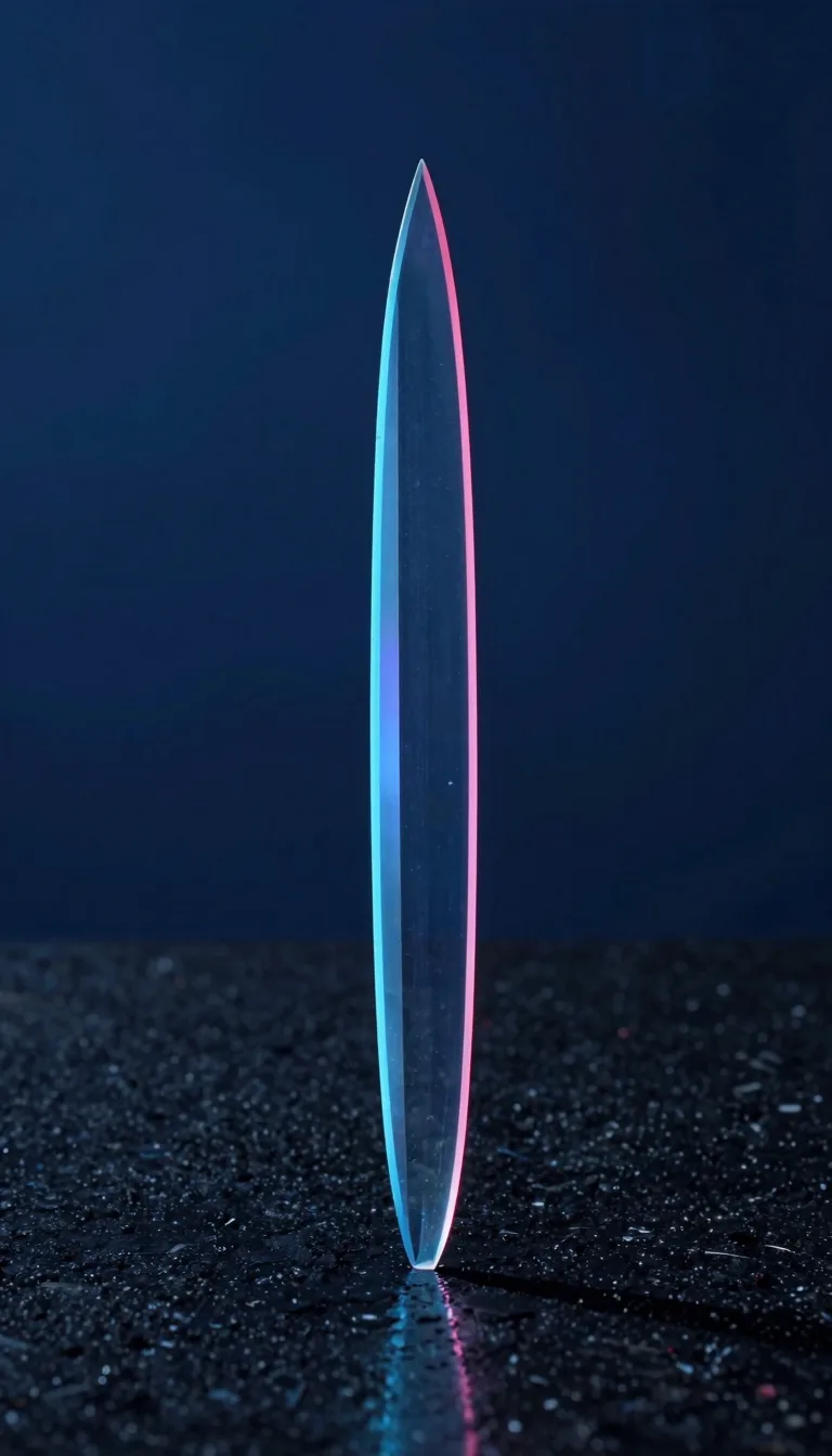 tall vertical of iridescent glass form on dark polished stone with electric-blue and hot-pink refraction - companion image for the content velocity with AI agents essay