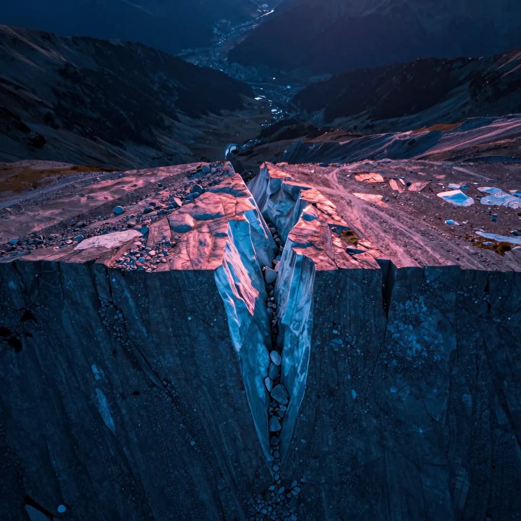 Close fragment of split ice with crystalline edges and a deep glow at the break interior.