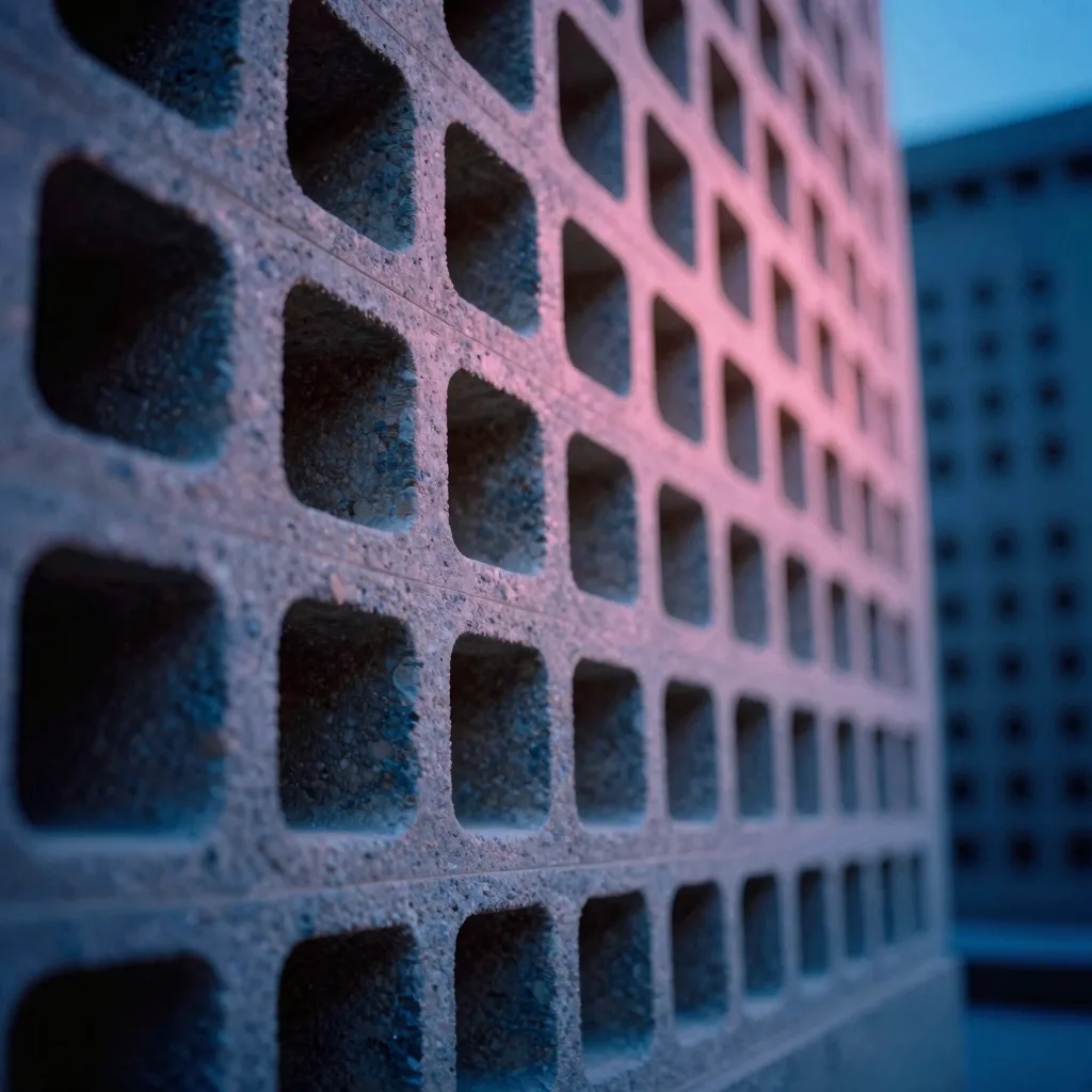 A tight macro of the modular facade: identical carved openings in ordered rows, banded sandstone grain.