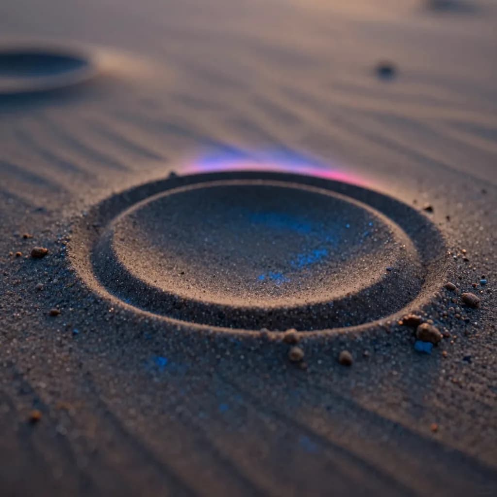 Macro of a single concentric groove in desert sand at dusk, pink-blue rim light