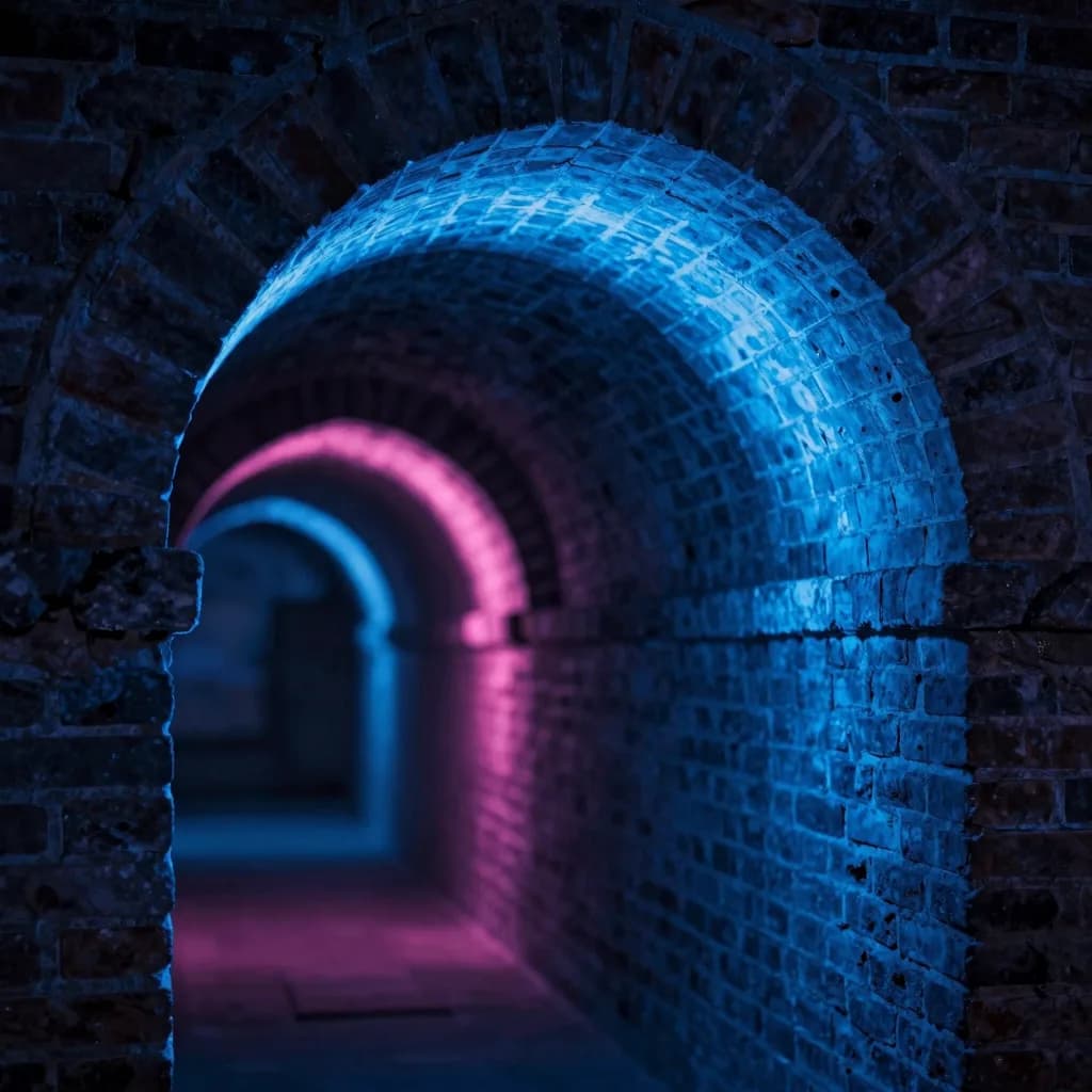 macro detail of cavern arch interior with electric-blue ambient and hot-pink rim accent - companion image for the $1000/month DTC data warehouse guide