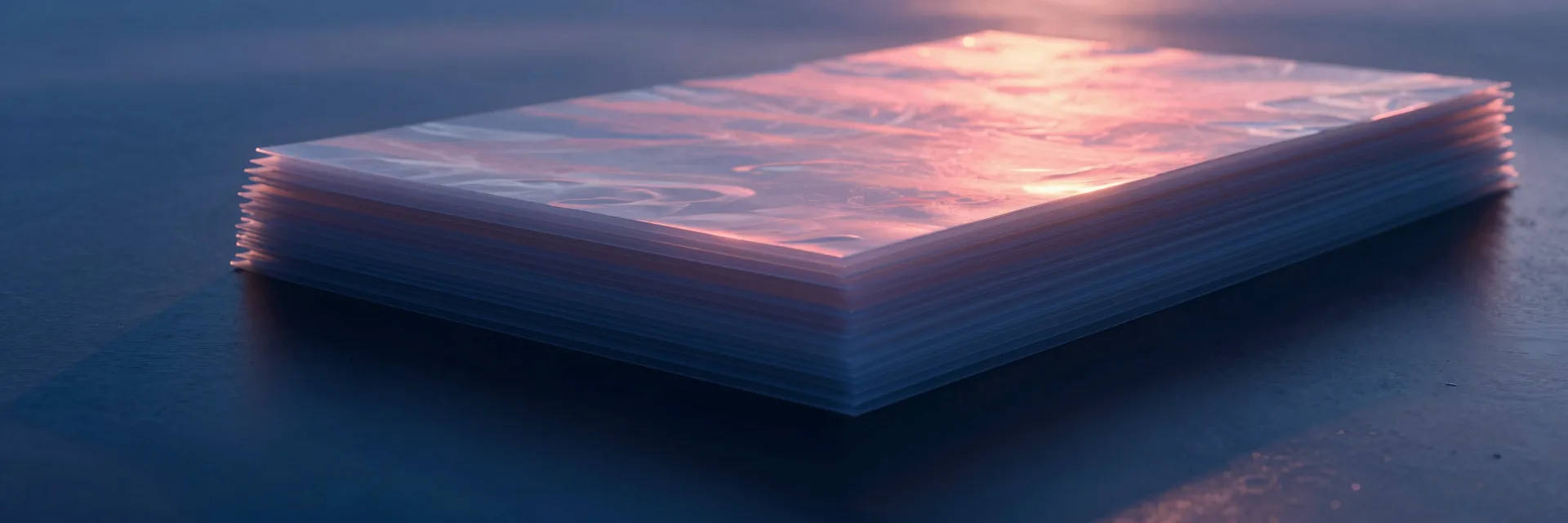 Ultra-wide view of a stack of translucent sheets casting layered shadow patterns across a flat surface.