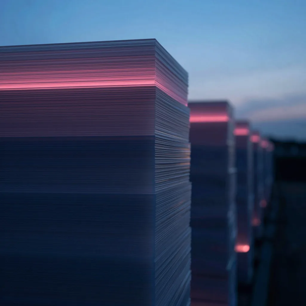 Looking up the face of a translucent stack toward an electric-blue zenith