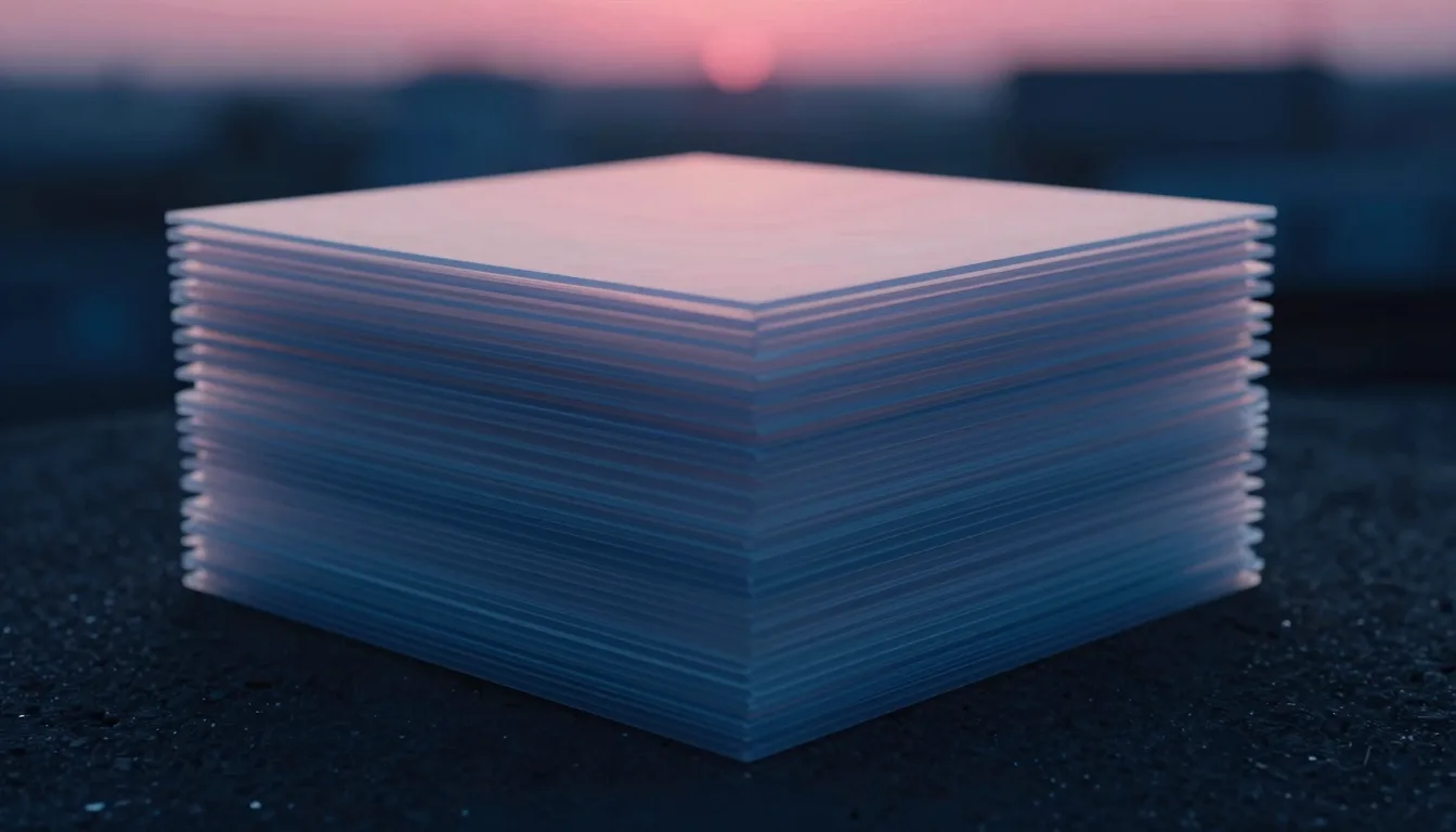 Stack of seven translucent plastic sheets layered horizontally with ethereal light filtering through each layer.