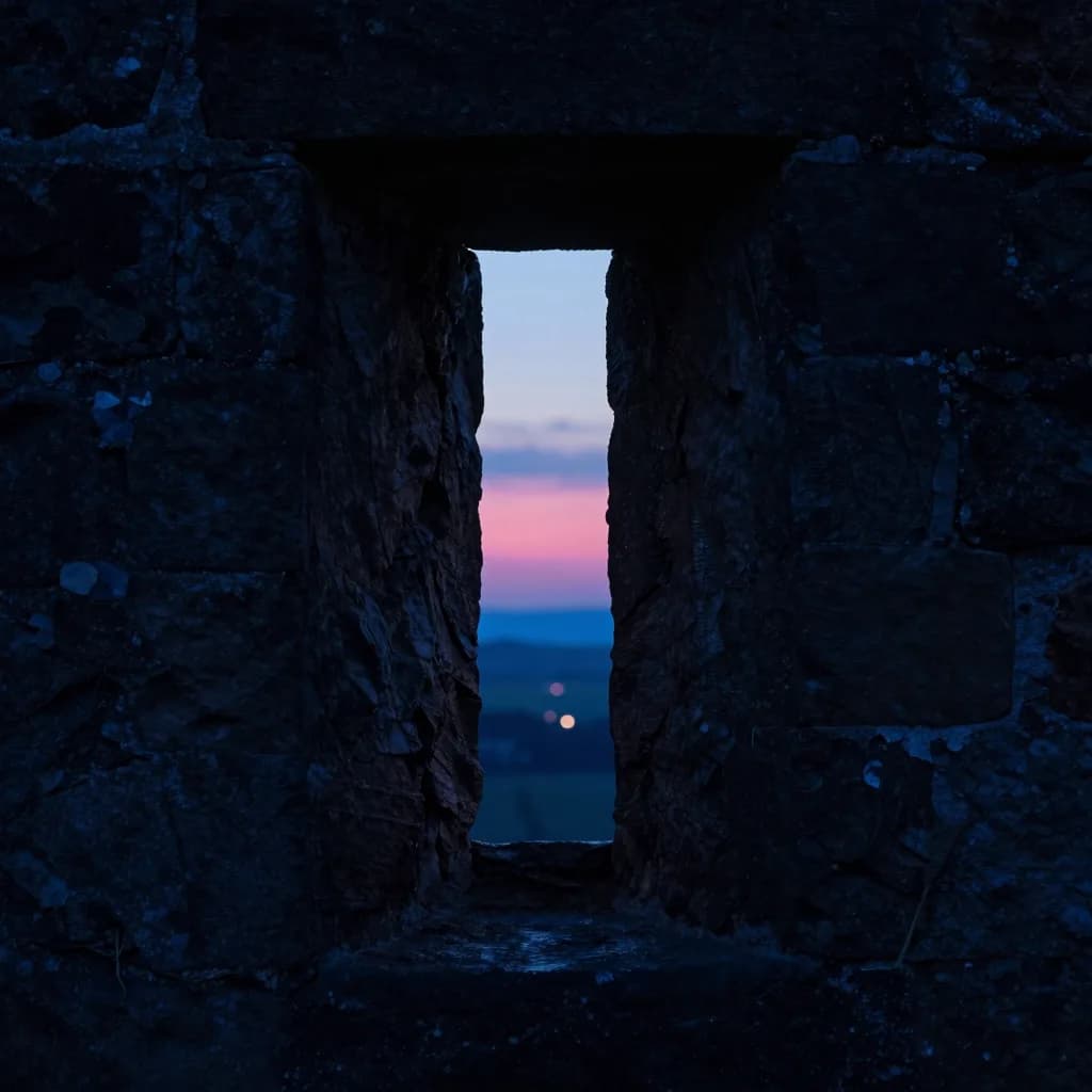 From inside a medieval fortification at dusk looking through a single narrow vertical arrow slit cut into the thick stone wall, the slit framing a sliver of the cold electric-blue dusk landscape outside, the surrounding wall stone in deep shadow.