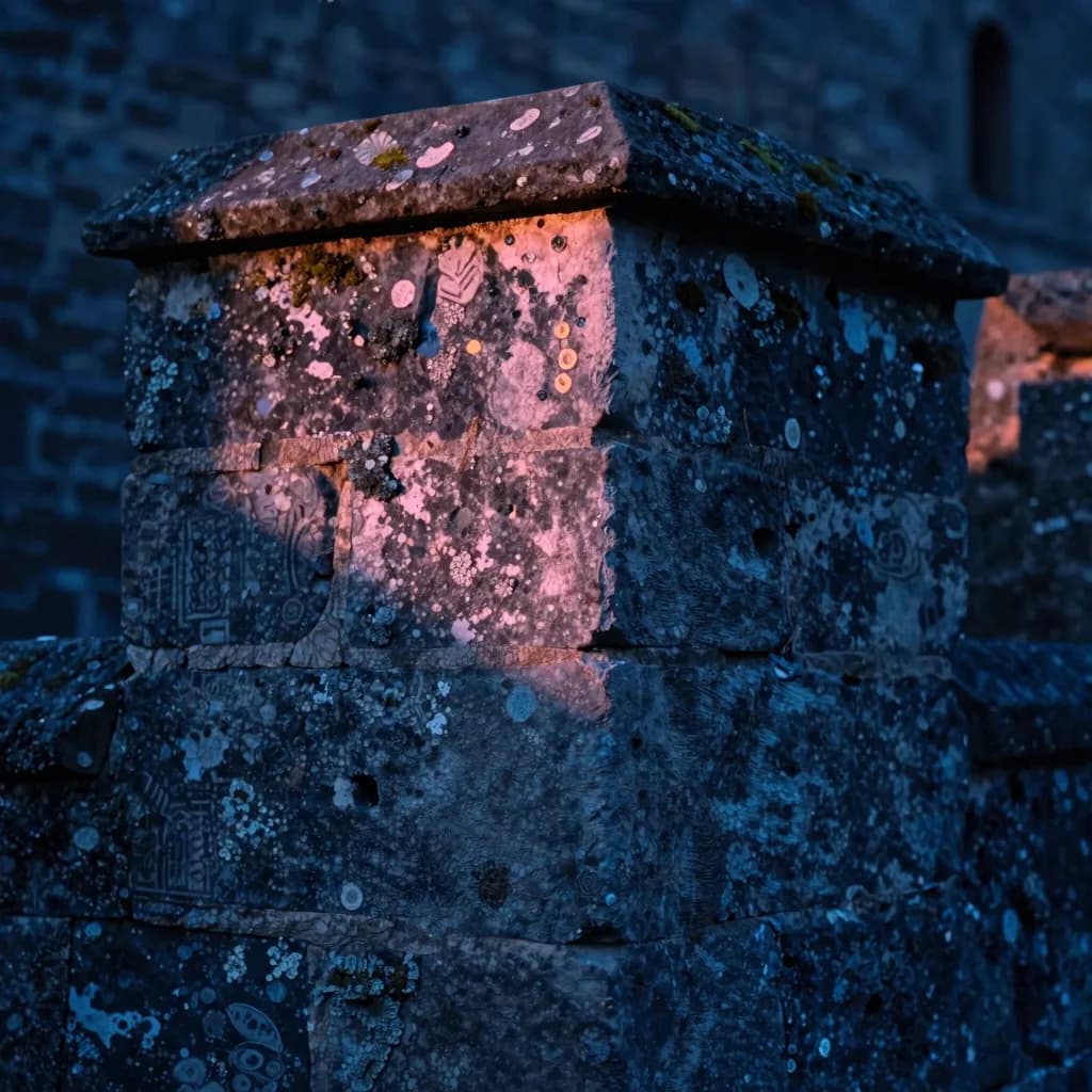 Macro close-up of a weathered stone corner block where two castle walls meet, ancient mortar lines visible, lichen and erosion patterns, dusk light raking across the texture.