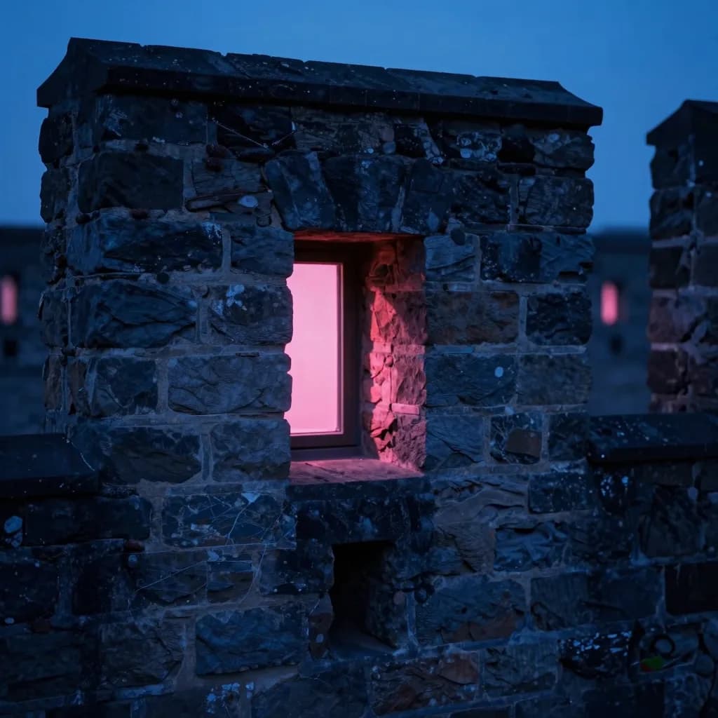 Single small rectangular window in a fortification wall at dusk, warm hot-pink light spilling out from inside, cold electric-blue dusk shadow on the surrounding stone.