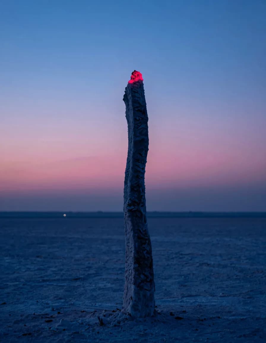 Ultra-wide backlit silhouette of a single tall translucent slab against a deep electric-blue evening sky, hot-pink magic-hour band along the lower horizon.