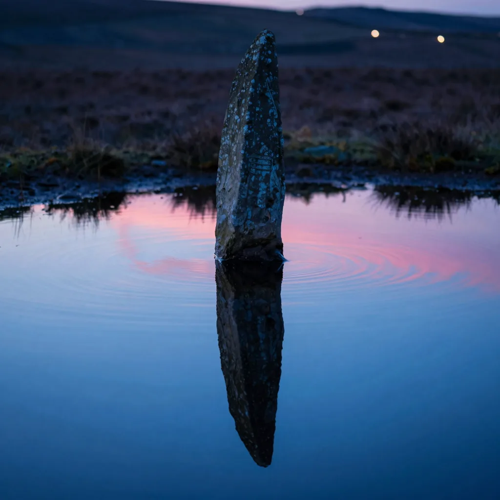 Mirrored reflection of layered glass surfaces with pink and blue color cast bleeding across the polished plane.