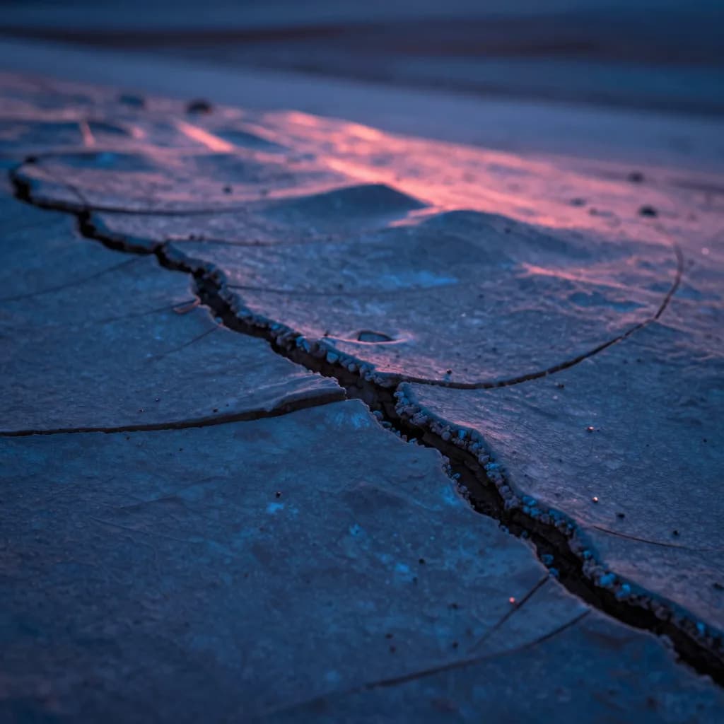Close-up macro of two translucent glass slabs joined at a fine seam with cool blue light catching the edge of the join.