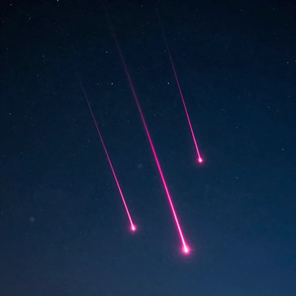 Three pink meteor traces dominate a dense star field with no landscape visible.