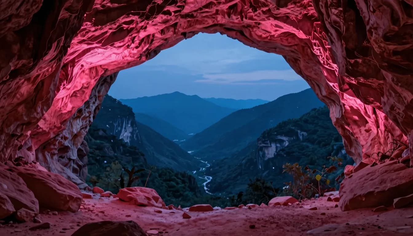 From inside the glowing pink-red cave looking out across a deep mountain valley at dusk, the cave mouth framing the view, the contrast of warm interior and cool exterior.