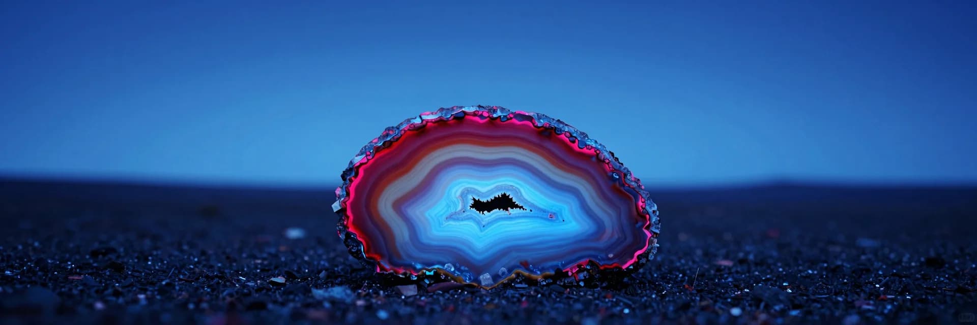 ultra-wide strip of mineral stone form against electric-blue sky with hot-pink rim light - companion image for the GA4 migration DTC playbook