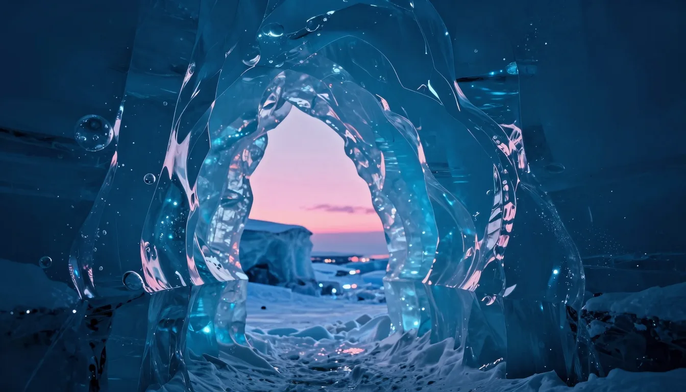 Looking into a frozen ice cave at dusk, blue-tinted interior glowing from refracted light, cold electric-blue ice walls with hot-pink dusk light catching the cave mouth.
