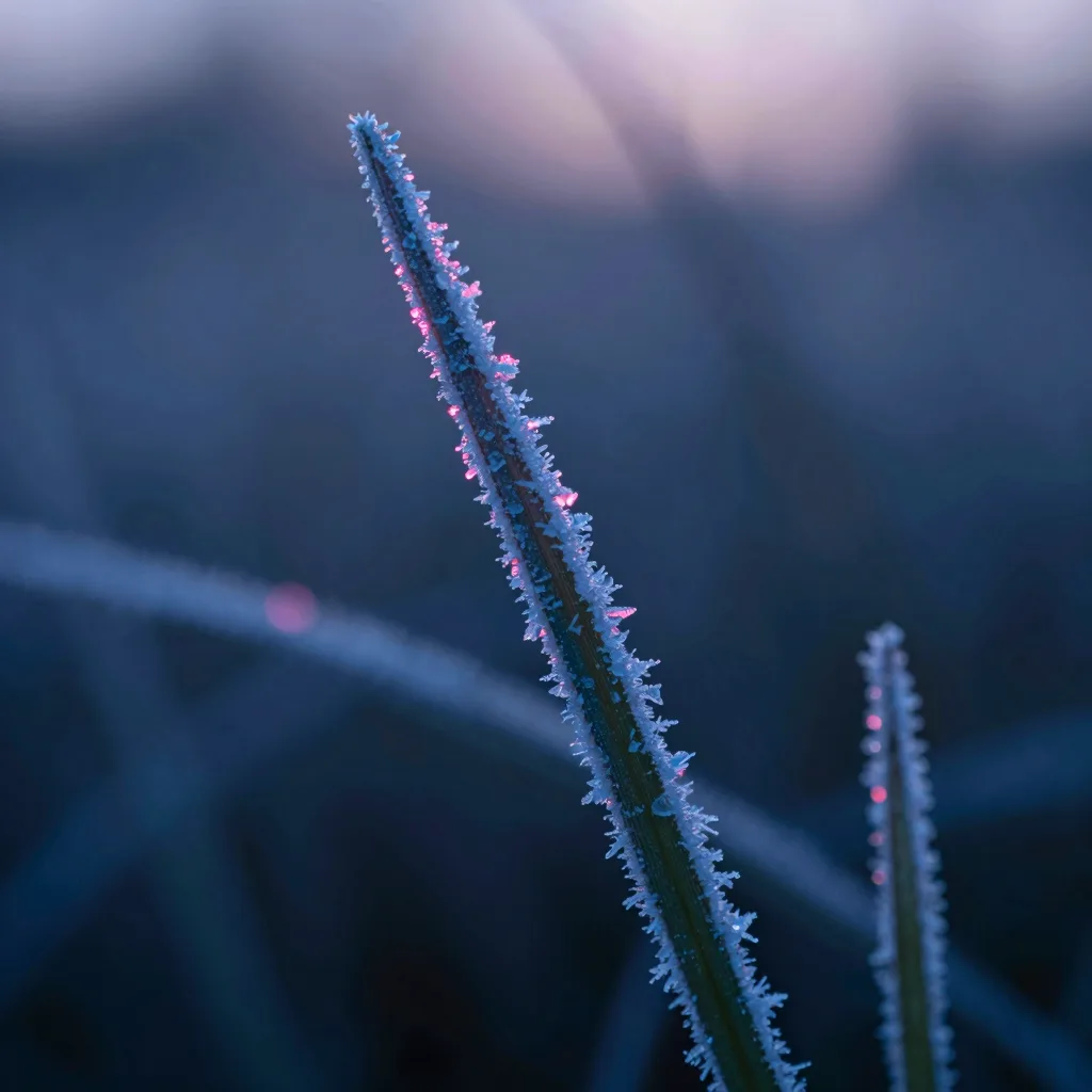 Extreme close-up macro of frost crystals on a single tall blade of grass at dawn, ice details catching cold rim light, defocused dawn glow behind.