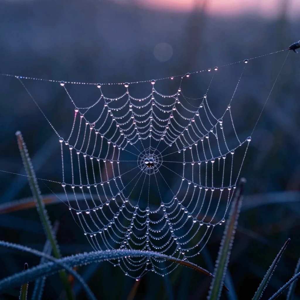 Extreme macro of a single dewy spider web stretched between frost-covered grass blades at dawn, dewdrops on each strand catching pinpricks of dawn color.
