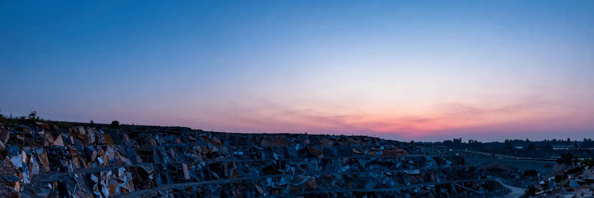 Wide atmospheric scene of stacked translucent layers receding into deep electric-blue haze, single warm pink rim catching the front edge.