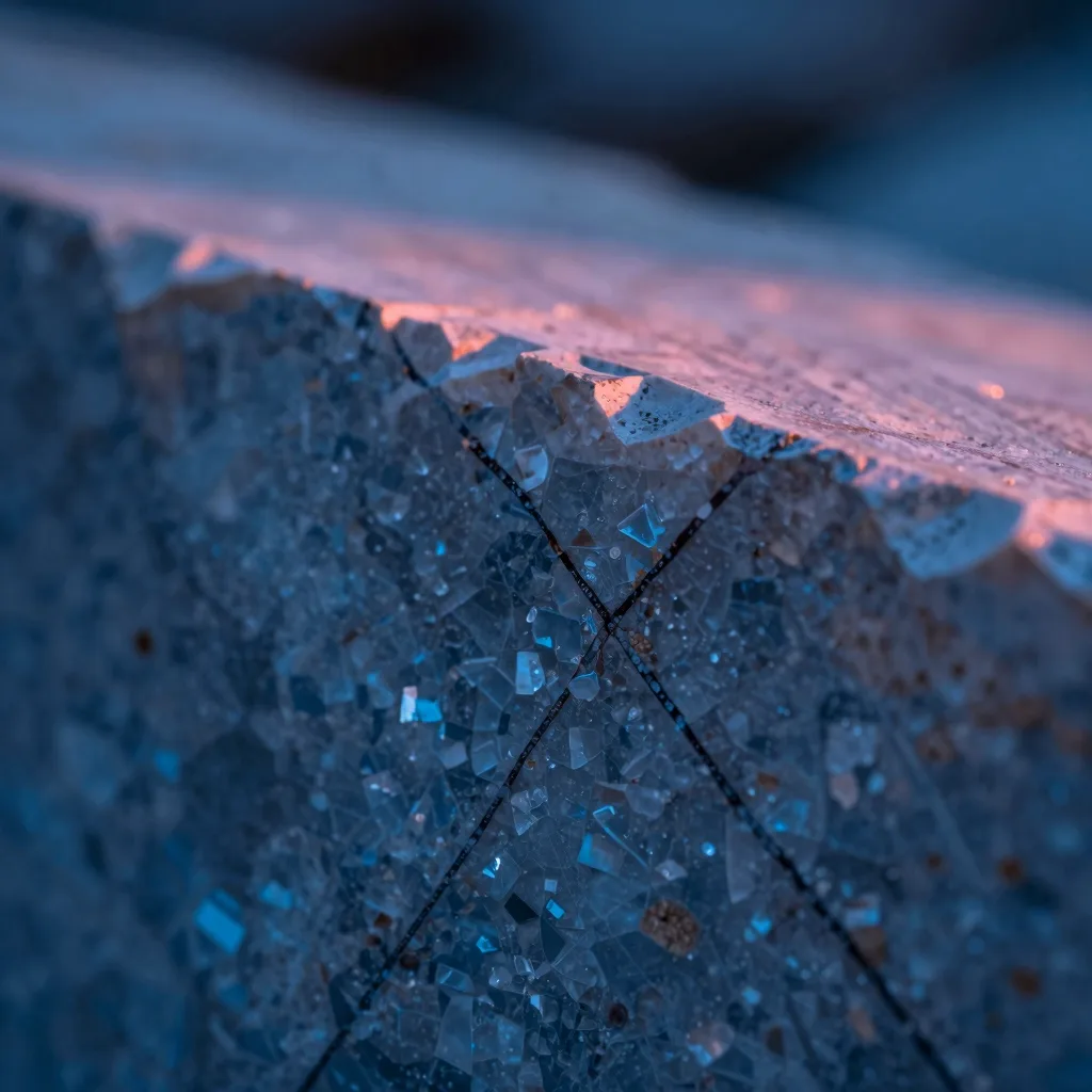 Close-up macro of two overlapping translucent slabs with a fine pink seam catching light where the edges meet.