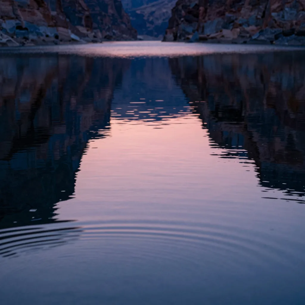 Close-up of the calm canyon lake surface at sunset, the smooth water reflecting the canyon walls and pink sky, gentle ripples breaking the mirror reflection.