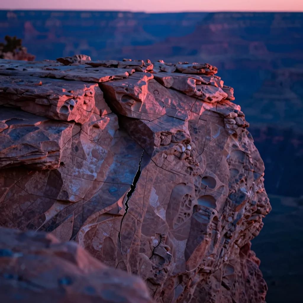 Macro of a single section of canyon rock wall at sunset showing visible cracks, crevices, and weathered erosion patterns.