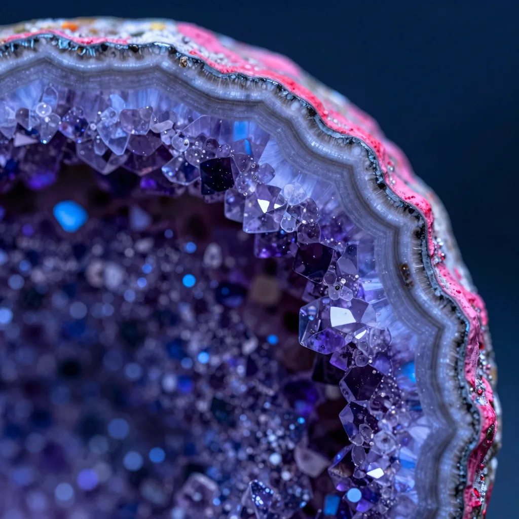 Extreme macro of crystal facets, color-separated electric-blue and pink refractions