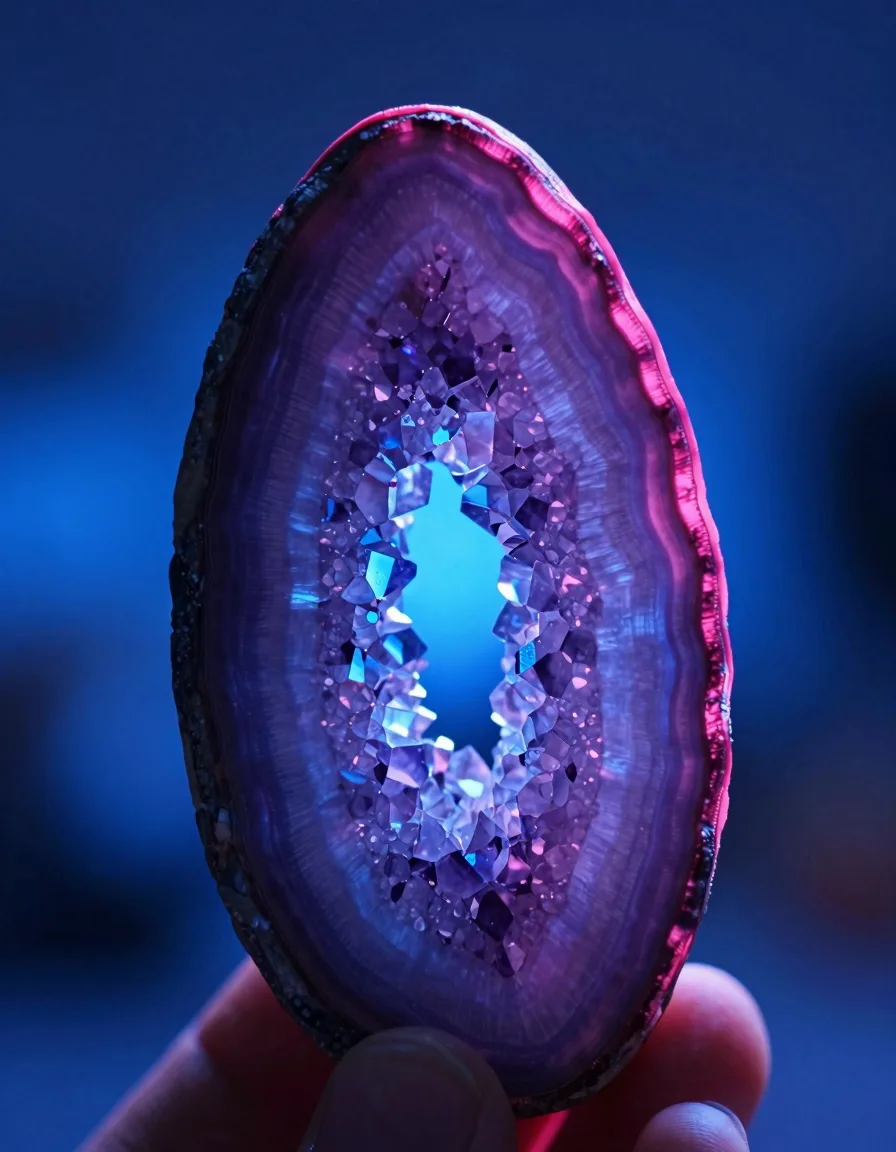 Geode formation viewed in portrait, crystalline structure with magenta core and electric-blue rim
