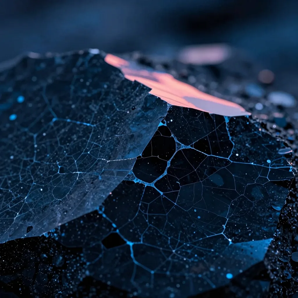 Macro close-up of crystalline dispersion on a single glass slab, refractive bands of cold blue splitting into hot-pink across the chipped corner, fine surface detail.