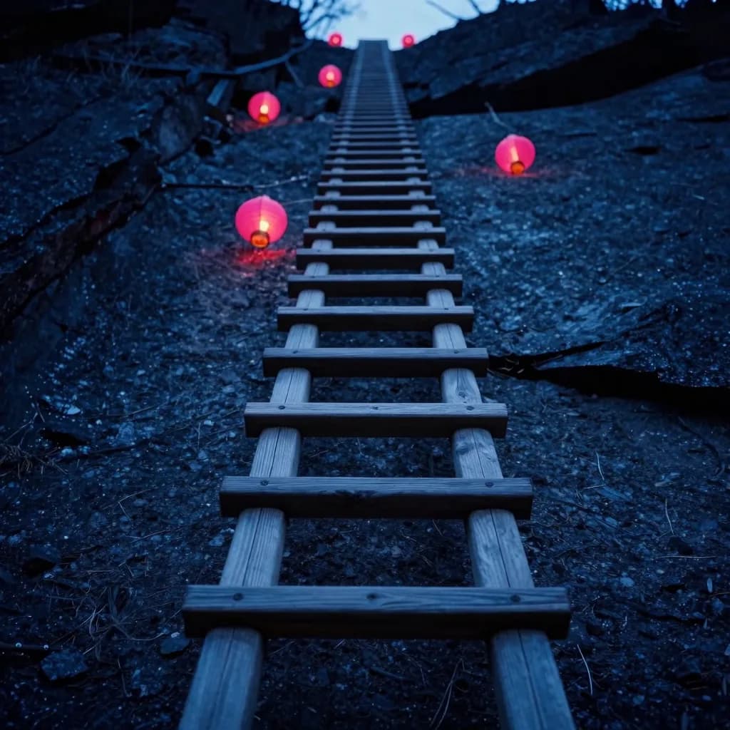 Looking straight up the wooden ladder leaning against the alcove rock face, lit red lanterns visible in alcoves alongside the ascent, dramatic vertical perspective.
