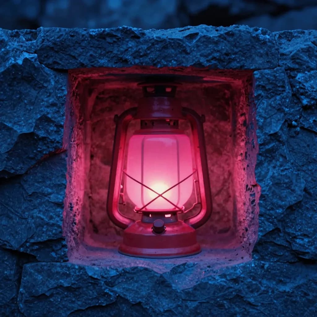 Close-up of a single lit red lantern resting in a rectangular rock alcove at dusk, hot-pink glow saturating the immediate stone surround.
